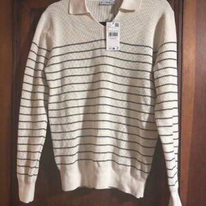 Mango Cream and Black Striped V-Neck Sweater